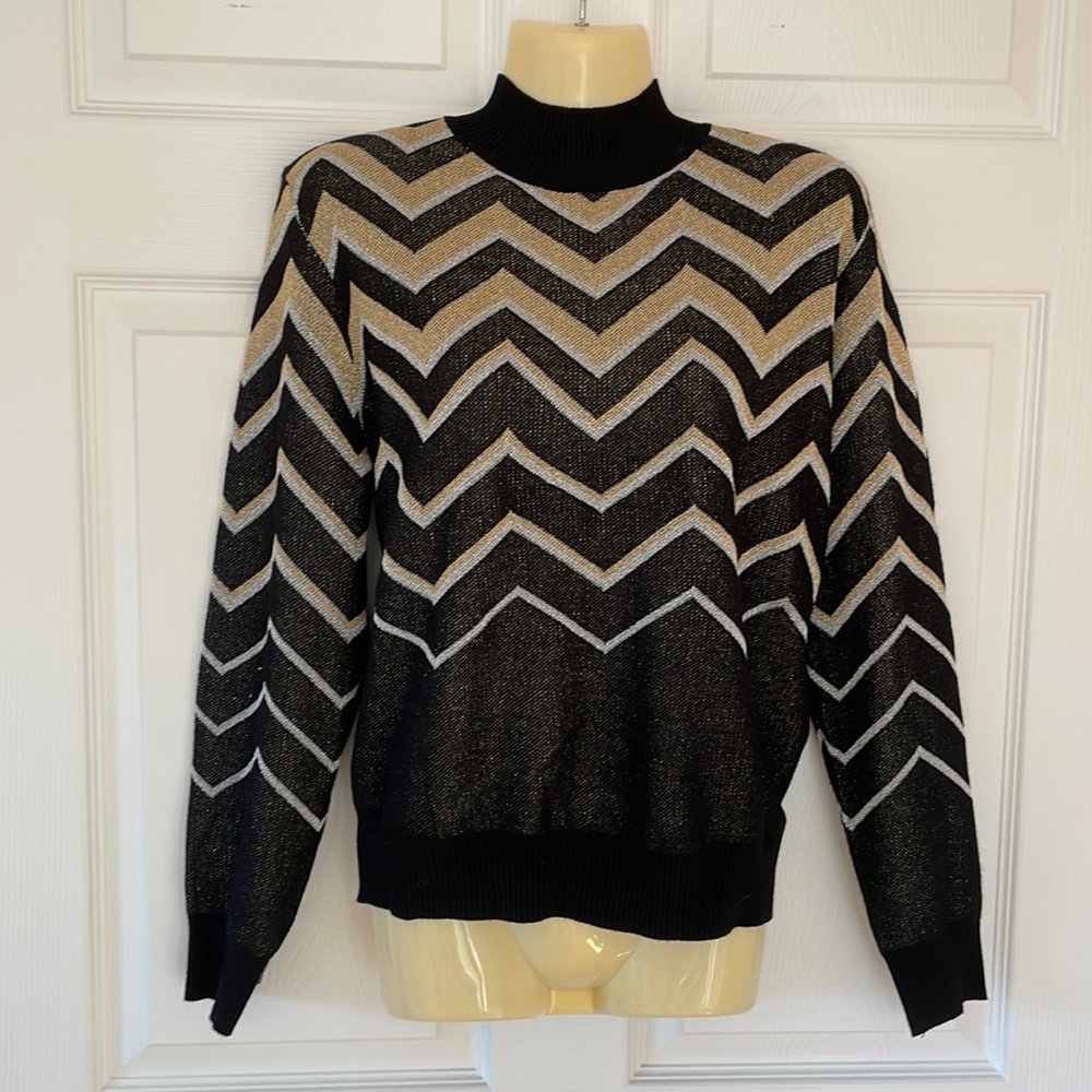 YAL New York Sweater Mock Turtleneck Black Gold Zigzag Size M